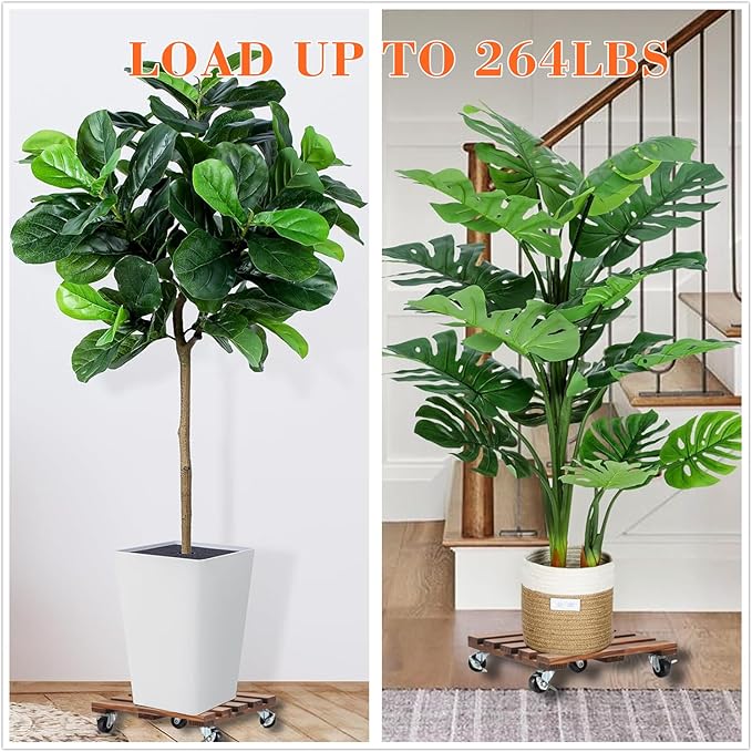 2 Pack Plant Caddy with Wheels, 14" + 12" Rolling Plant Stand 264 LBS Heavy Duty Wooden Square Plant Dolly with Metal 360° Lockable Caster Wheels for Outdoor Indoor Large Plant Pots, Flower Pot, Patio PRAQECZ