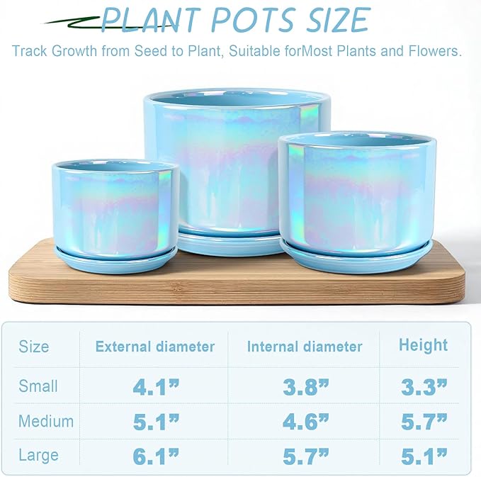 EFISPSS Ceramic Planter 4+5+6 Inch Ceramic Flower pots for Indoor Plants with Drainage,for Succulent Cactus,Garden Planters,Modern Decorative for Home Blue Pearl Glaze Plant Pots EFISPSS