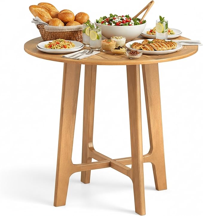 Tangkula 31.5" Round Patio Dining Table, Teak Wood Outdoor Dining Table with Slatted Tabletop, X-Shaped Frame & 4 Sturdy Supporting Legs, Indoor or Outside Table for Deck, Garden, Poolside & Backyard TANGKULA