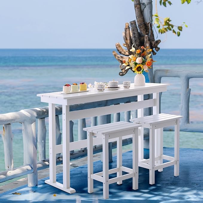 3 Piece HDPE Outdoor Bar Height Table and Chairs Set of 2 Includes High Top Patio Table and Chairs, Outside Patio Bar Set for Bistro,Balcony,Backyard,Poolside (White, 3 Piece) Rootora