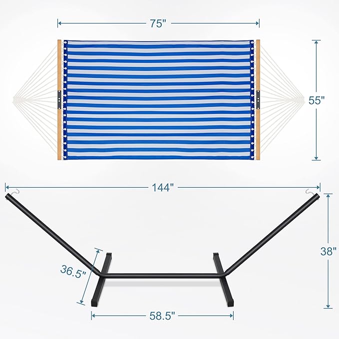 Two Person Hammock with Stand for Outside Heavy Duty, Outdoor Patio Hammock with Portable Steel Stand, Large Double Hammocks with Quick Dry Textilene Fabric,480lbs Capacity.(Blue White) HomgavaLiveWhatYouLove