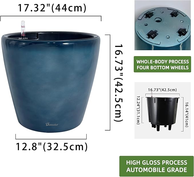 Dexceder 18x17 Self Watering Planter with Wheels Indoor Outdoor, Inner Pot Design, Thickened Large Floor Standing Flower Plant Pot with Water Level Indicator (Grayish Green Gradient) Dexceder