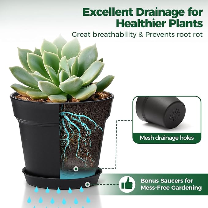 T4U Flower Pots 18-Pack, 5 Inch Plant Pot with Saucer and Drainage Hole, Durable Plastic Flower Pots, Small Pots for Plants, Violet, Succulent and Indoor Plant Decorative (18 Pack 5" Pot, Black) T4U