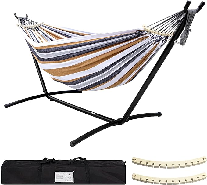 SZHLUX Double Hammock with Stand Included 450lb Capacity Steel Stand, Premium Carry Bag Included and Two Anti Roll Balance Beam, Portable Hammock with Stand for Backyard, Camping,Garden Brown Stripes SZHLUX