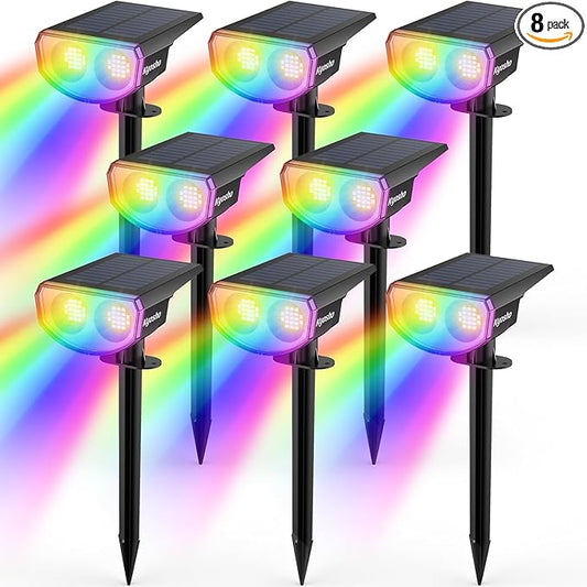 Kyosho IP67 Waterproof Color Solar Spot Lights Outdoor, Color Changing Outdoor Halloween Lights, RGBW Multicolor Solar Spotlight with 9 Modes for Lawn, Pathway, Yard, 8 Pack Kyosho