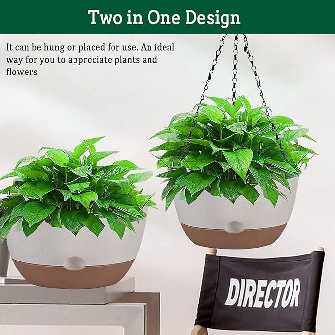 2 Pack Hanging Planters Set,10 Inch Indoor Outdoor Hanging Plant Pot Basket,Hanging Flower Pot with Drainage Hole with 3 Hooks for Garden Home(Purple Hanger White Planters) Koalaime