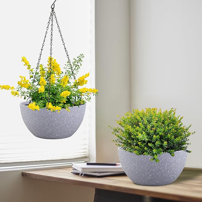 12 inch Large Hanging Planters for Indoor Outdoor Plants, 2 Pack Hanging Flower Pots with Drainage Holes and Chain for Garden Porch, Plastic Hanging Baskets for House Plants, Speckled Grey Meowell