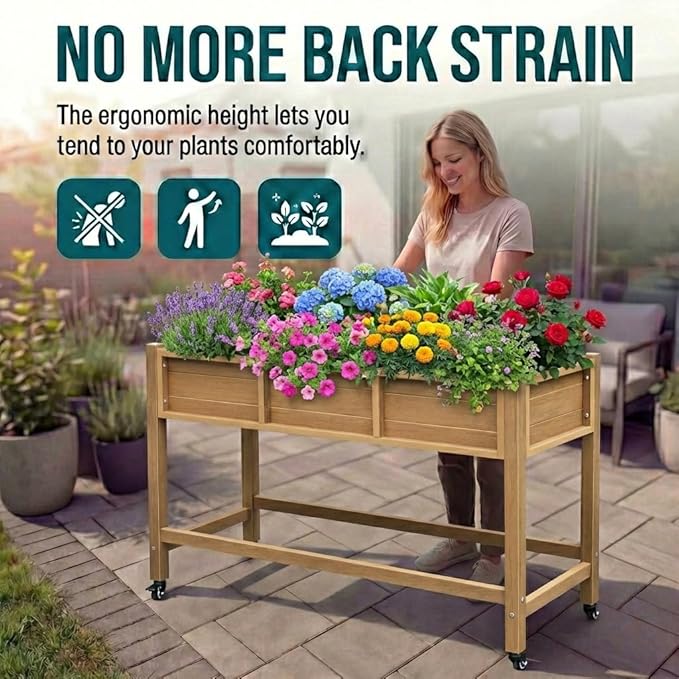 YITAHOME Raised Garden Bed HDPE, 47x18x31In Poly-Wood Weather-Resistant Raised Flower Bed, Elevated Planter Box with Lockable Wheels for Vegetables, Brown YITAHOME