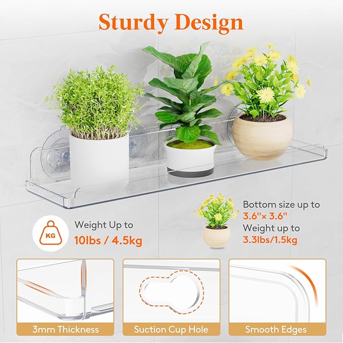 Lifewit Window Plant Floating Shelves 14.6x3.6, 2 Pack Acrylic Suction Cup Shelf, Window Sill Extender for Indoor Succulent Plants, Micro Greens, Seed Starter Pots, Herb Planters 37 x 9 cm/14.6x3.6 Lifewit