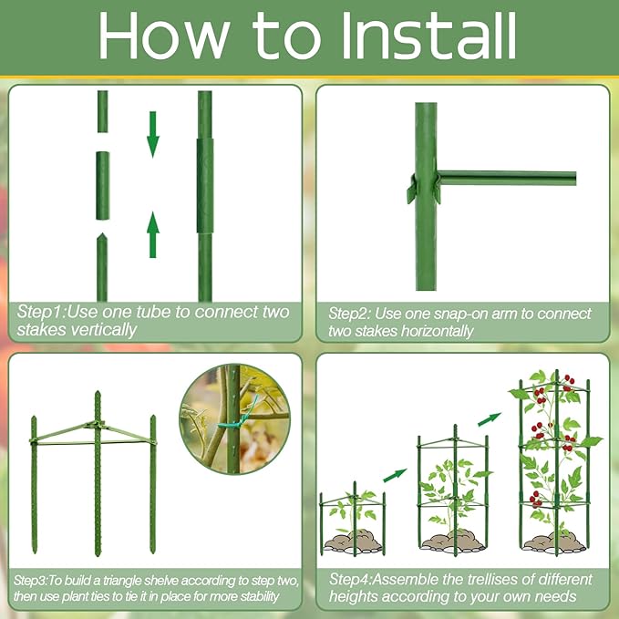 Halatool 8 Pack Tomato Cages for Garden,Up to 48in(4FT) Adjustable Tomato Cage,Garden Stakes Tomato Trellis for Pots,Tomato Plant Support for Raised Garden Bed&Climbing Vegetables Flowers(Green) HALATOOL