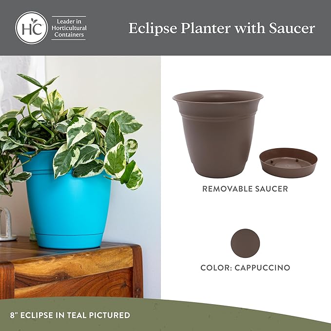 The HC Companies 20 Inch Eclipse Round Planter Pots with Drainage Holes & Attached Saucer, Lightweight UV-Resistant Plastic Indoor & Outdoor Planters, 2-Pack Flower Pots, Garden Home Decor, Cappuccino TheHCCompanies