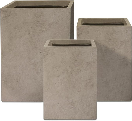 Kante 18.5",15.7",12.6" H Tall Rectangular Concrete Planters Set of 3, Outdoor Indoor Lightweight Plant Pots with Drainage Hole and Rubber Plug, Modern Style for Home Garden Patio, Weatheted Concrete Kante