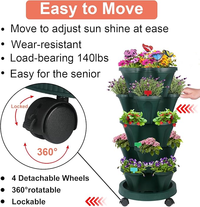 DUNCHATY Stackable Planter, Vertical Strawberry Planter with Garen Tool Set, Indoor/Outdoor 5 Tier Herb Planter Pots for Growing Vegetables and Succulents, Pine Green DUNCHATY
