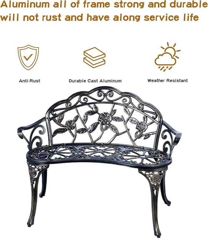 JARDIN DE CENTENNIAL Patio Garden Bench Metal Park Bench Cast Aluminum Outdoor Furniture with Floral Rose for Patio,Park,Lawn,Yard (Copper) JARDINDECENTENNIAL