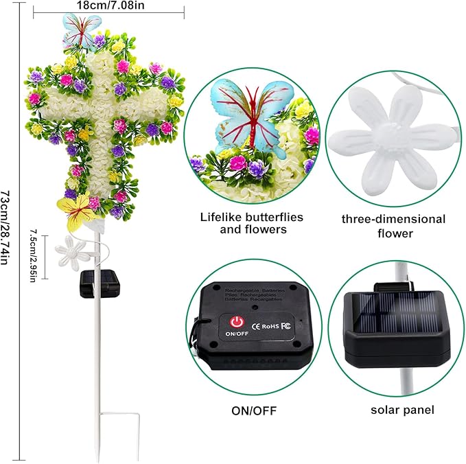 2 Pack Solar Flower Cross for Cemetery Grave, Grave Decorations for Cemetery Solar Crosses, Sympathy Memorial Gifts, for Garden Lawn Yard Patio Decor YJFWAL