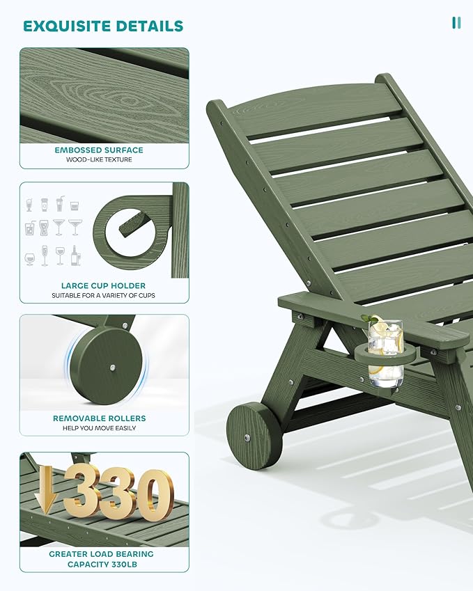 SERWALL Patio Chaise Lounge Chair Set of 2, 78'' Long 5-Positions Adjustable HDPE Outdoor Lounger for Pool, Poly Lounge Chair with Rolling Wheels & Cup Holder for Poolside, Deck, Avocado Green SERWALL