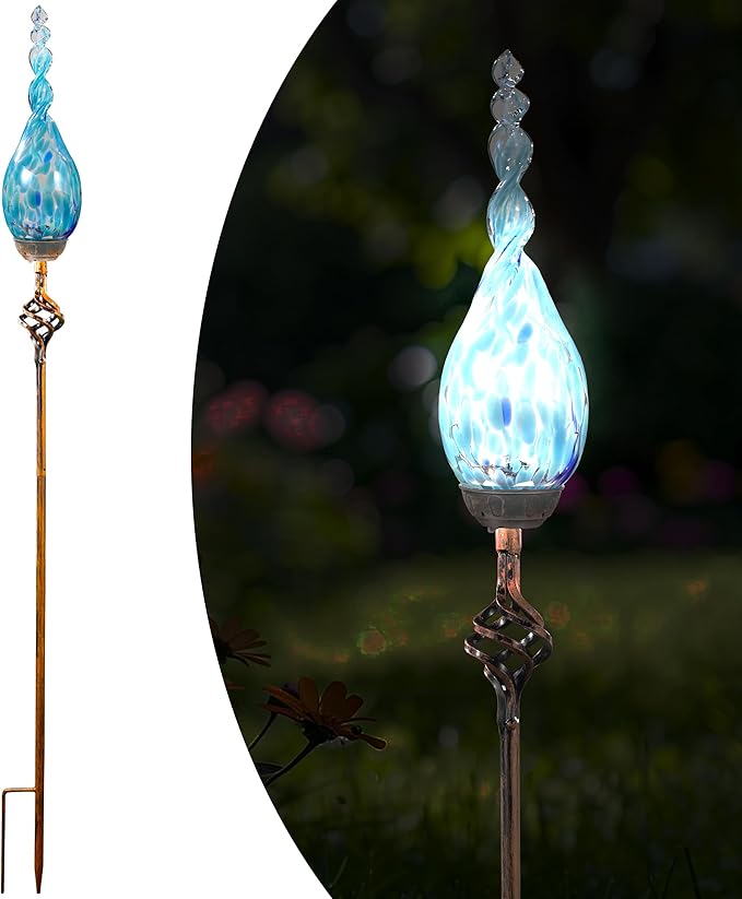 Solar Garden Lights Outdoor, Decorative LED Flame Garden Stakes, Hand Blown Glass and Outdoor Waterproof Glass Stakes (Light Blue) Rootora