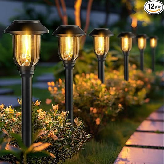 12 Pack Solar Pathway Lights Outdoor, Dusk to Dawn Solar Lights Outdoor Waterproof,Solar Garden Lights Solar Powered, Landscape Lighting for Yard Walkway Driveway Path Warm White ILANCK