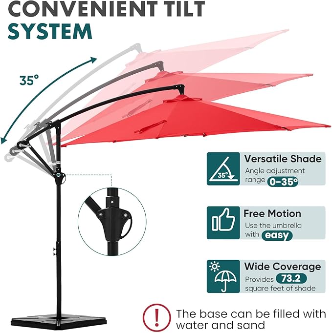 OLIXIS 9.7FT Offset Patio Umbrella with Base, Cantilever Table Umbrellas for Outdoor Sun Shade UV Protection with Easy Tilt Adjustment, 8 Ribs for Backyard, Lawn, Garden, Pool - Red OLIXIS