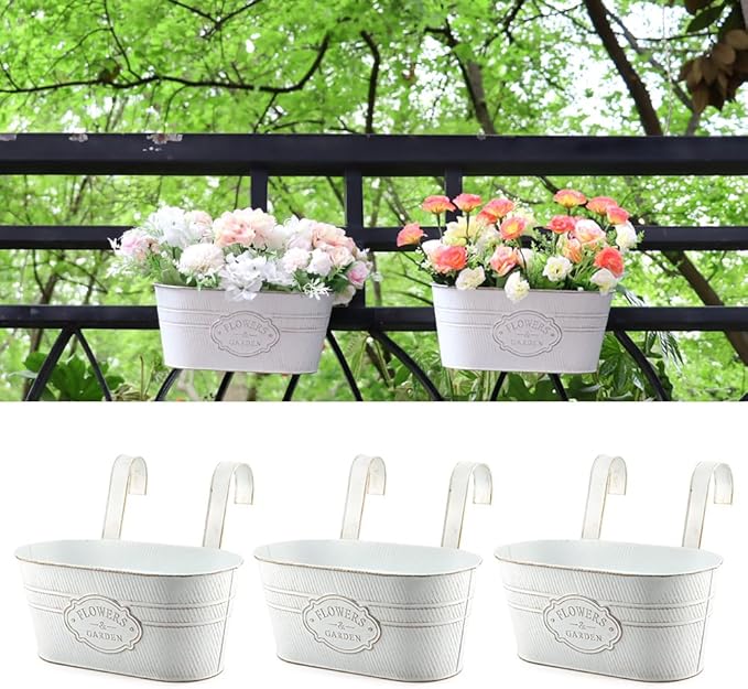 3 Pack Metal Railing Planters, 10.5" Oval Hanging Flower Pots with Detachable Hooks & Drainage Holes, Fits Rails up to 2.36", Galvanized Iron Fence Bucket for Balcony Garden Patio - Letter White MeltsetM