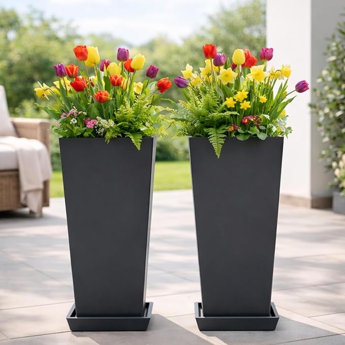 FENCY Set of 2 Tall Planters for Outdoor Plants, 24 Inch Large Tapered Pots with Drainage Trays, Weather-Resistant Plastic Plant Containers for Patio, Porch, Garden, Front Door Decor,Black FENCY