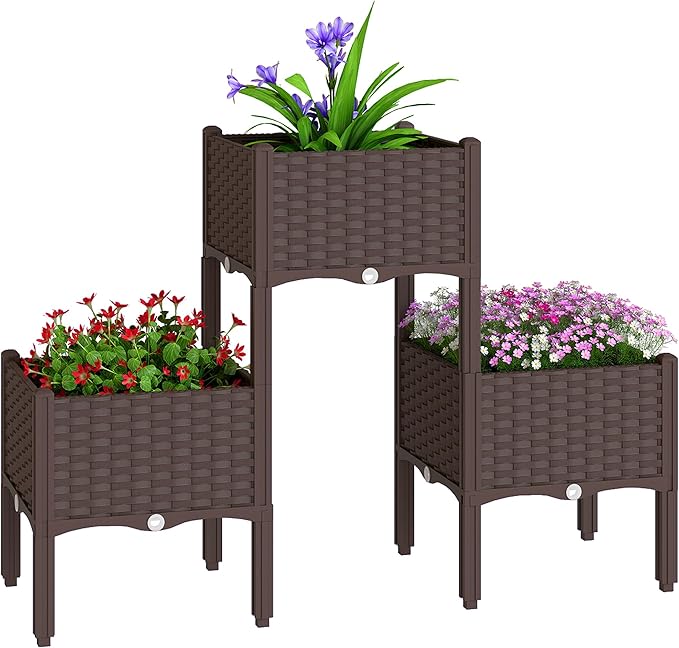 Outsunny Plastic Raised Garden Bed with Legs, Self Watering Elevated Planter Boxes with Drainage Holes and Plugs, Easy Assembly Outdoor Planter Box for Patio Yard Balcony, Vegetables, Flowers, Herbs Outsunny
