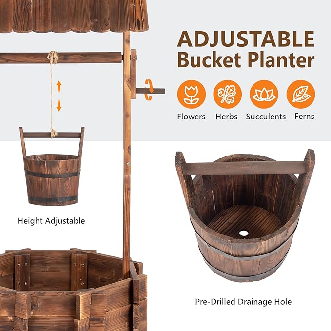 VINGLI Wooden Wishing Well Outdoor Planters, Well Covers for Yard with 4 Reinforced Rods, Height Adjustable Hanging Bucket, Rustic Flower Pot Home Decor for Outside Patio Garden VINGLI