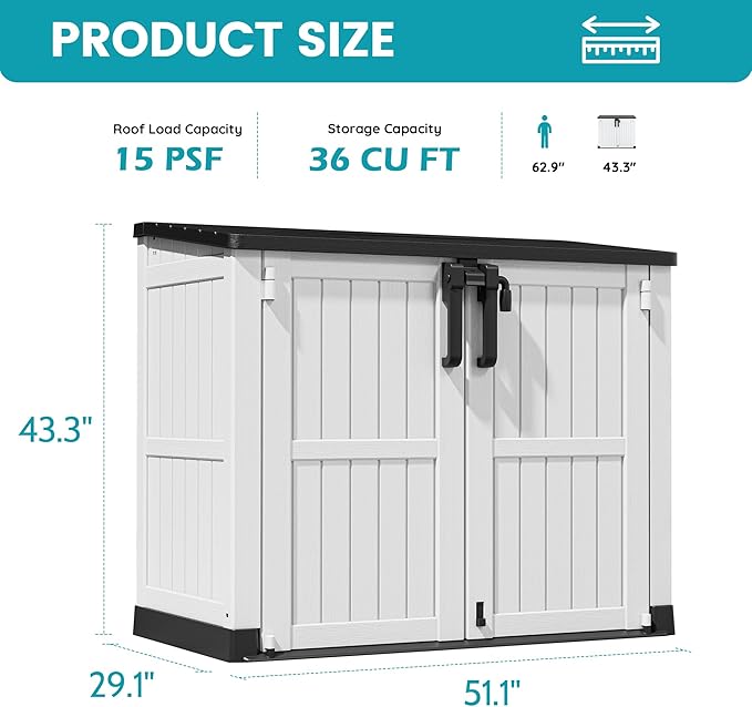 LHBcraft Outdoor Storage Cabinet 36 Cu Ft with Lockable Doors, Portable Horizontal Storage Shed, Resin Outdoor Storage Box Waterproof for Patio-Easy to Assemble LHBcraft-US