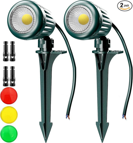 12V24V Low Voltage Landscape Lights Outdoor,6000K White LED Landscape Lights with 3 Color Lenses (Red,Yellow,Green),IP67 Waterproof Outdoor Spot Lights for Garden Passage Wall Tree Fence,2 Pack Rootora