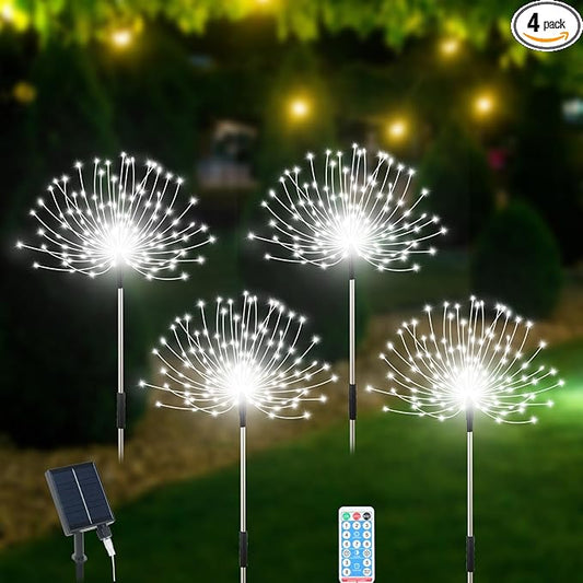Solar Garden Lights Outdoor Waterproof, 4 Pack Total 480 LED Solar Firework Lights Decorative with 8 Lighting Modes Outside for Yard Pathway Flowerbed Decor, White Slyuexu