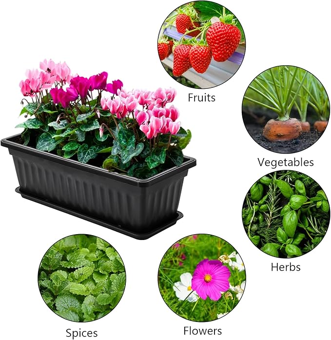 Fasmov 7 Pack 17 Inches Flower Window Box Plastic Vegetable Planters with Trays Vegetables Growing Container Garden Flower Plant Pot with 7 Pcs Plant Labels for Balcony, Patio, Garden, Black Fasmov