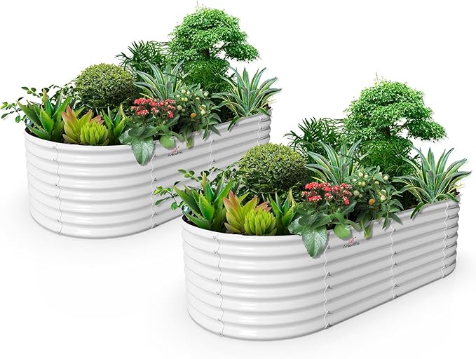 A ANLEOLIFE 2-Set 8X4X2 ft Galvanized Raised Garden Bed Kit, Oval Metal Deep Root Planters for Outdoor Plants, Antique White AAnleolife