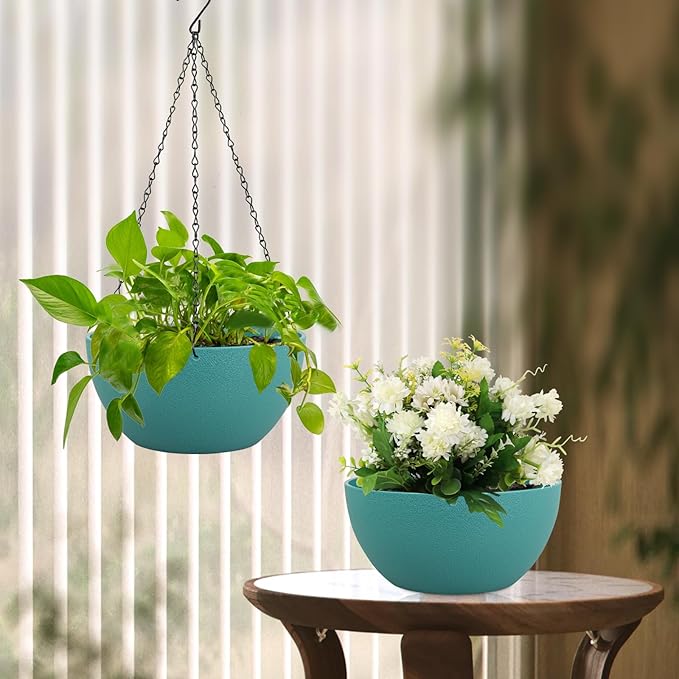 10 inch Hanging Planters for Indoor Outdoor Plants, 2 Pack Hanging Flower Pots with Drainage Holes and Chain for Garden Porch, Plastic Hanging Baskets for House Plants, Blue Green Meowell
