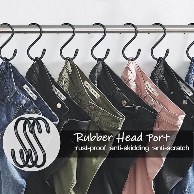 20 Pack Rubber Coated S Hooks for Hanging Plants,Heavy Duty S Hook,Non Slip 3 Inch Closet S Hooks,Steel Metal Black Vinyl Coated Small Hanging Hook for Jeans Pots and Pans Coffee Cups DINGEEUtilityHook