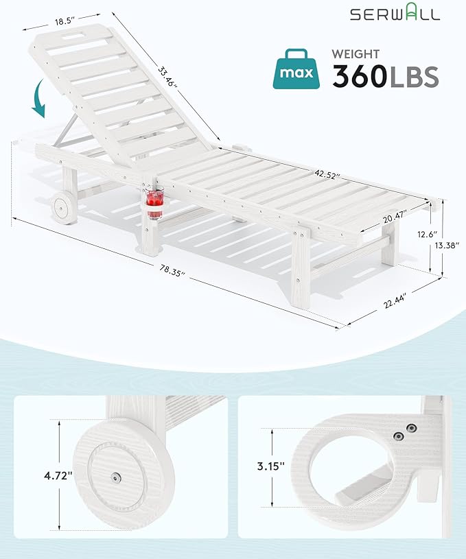 SERWALL Outdoor Chaise Lounge Set of 6, HDPE Pool Lounge Chair with 5-Position Adjustable Backrest, Patio Lounger with Rolling Wheels & Cup Holder for Pool, White SERWALL