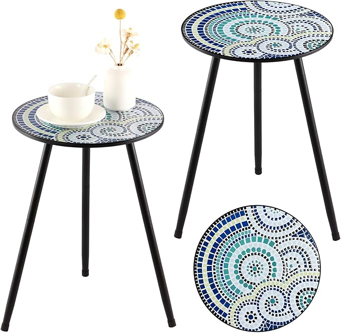 2 Packs Metal Mosaic Round Side Tables 13.4" Small Outdoor Patio Round Accent Coffee Tables Indoor Corner Stand for Small Spaces Weather-Resistant for Balcony, Porch Plant Stands Indoor PartyZealot