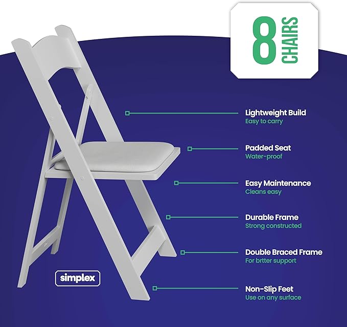 SIMPLEX 8 White Folding Chairs – Resin Stackable Foldable Chairs with Padded Seats – Comfortable White Folding Chairs for Indoor/Outdoor Events – Lightweight Resin Chairs (8 Pack) Simplex