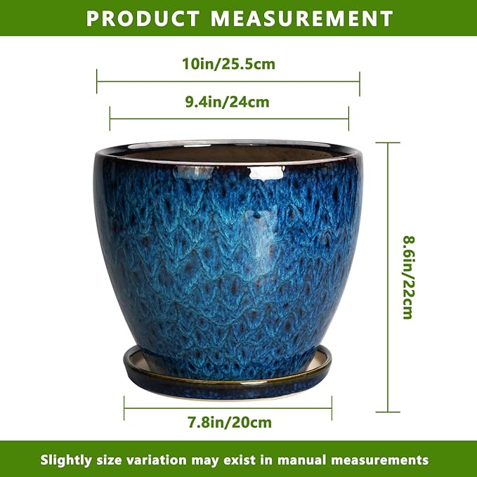 10 Inch Ceramic Planter Pot Round Plant Pot for Indoor Plants Outdoor Large Flower Pot with Drainage Hole and Saucer Blue EPFamily