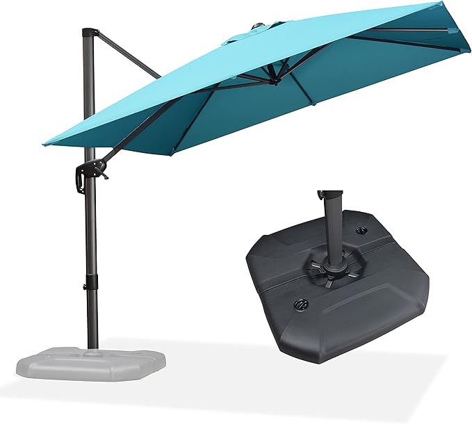 PURPLE LEAF Cantilever Umbrella with Base 9 Feet Patio Outdoor Aluminum Offset Umbrella with 360-degree Rotation for Garden Deck Pool Patio Turquoise Blue PURPLELEAF