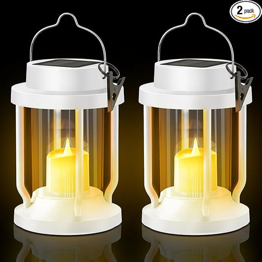 Solar Lantern Outdoor & Indoor Use – Hanging Solar Lights with Realistic Flickering Flameless Candle, Weatherproof for Gardens, Patios, Trees, and Lawns (White, 2 Pack) Rootora
