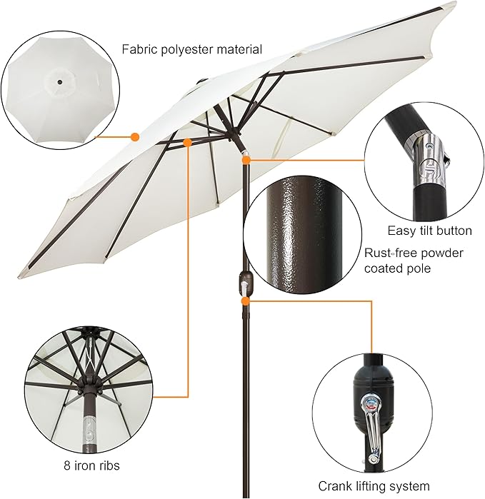 Blissun 9' Outdoor Patio Umbrella, Outdoor Table Umbrella, Yard Umbrella, Market Umbrella with 8 Sturdy Ribs, Push Button Tilt and Crank Blissun