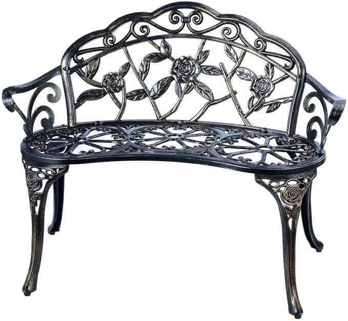 JARDIN DE CENTENNIAL Patio Garden Bench Metal Park Bench Cast Aluminum Outdoor Furniture with Floral Rose for Patio,Park,Lawn,Yard (Copper) JARDINDECENTENNIAL