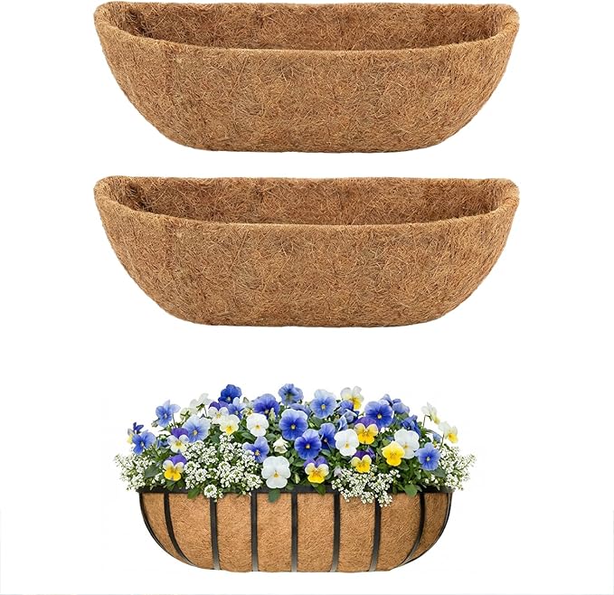 2 Pcs 36 Inch Trough Coco Liner for Window Box, 100% Natural Half Moon Coconut Coir Planter, Replaceable Coconut Fiber Liner for Window Boxes & Fence Flower Baskets (2, 36 inch) Rootora