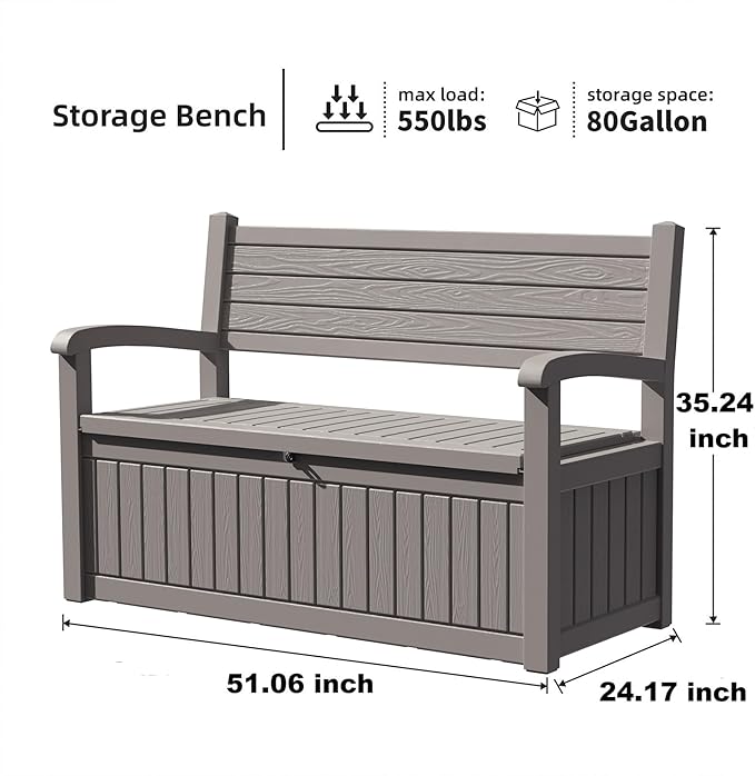 80 Gallon Outdoor Storage Bench Deck Box Waterproof Lockable,Outdoor Storage Furniture for Patio,Garden and Porch,Tools and Cushions（Grey Stripe） OutdoorLivingPerfected