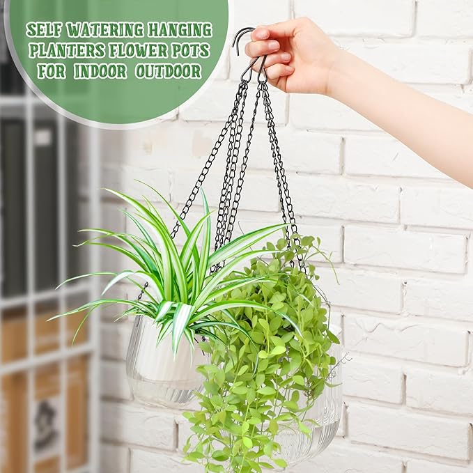 Maxcheck 4 Pcs Self Watering Hanging Planters Indoor Gift 6.5'' 4.5'' Hanging Flower Pots Baskets Outdoor Self Watering Plant with 3hooks Drainage Holes for Home(Grey,Clear) Maxcheck