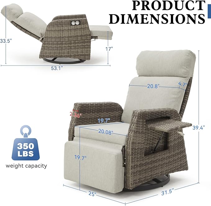 Adjustable Outdoor Recliner Chair with Independent Backrest & Footrest, Patio Swivel Recliner Chair, Wicker Reclining Patio Chair w/Flip-Up Table, Air Pump 155° Lay Flat Chaise Lounge, Gray Rootora