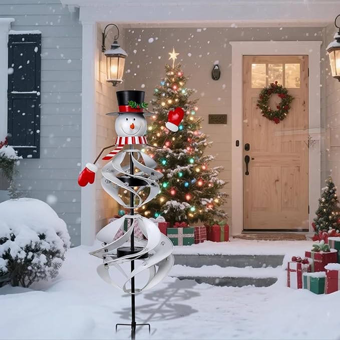 Outdoor Christmas Decorations Snowman Solar Wind Spinner Lighted Christmas Yard Stakes Outdoor Xmas Metal Wind Spinner Stake for Garden Lawn Pathway Party Decoration Afirst
