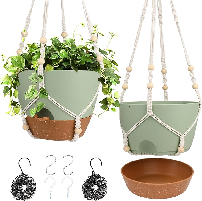 Hanging Planters for Indoor Outdoor Plants, 2 Pack Self Watering Hanging Pot with Drainage Holes, Removable Tray & 2 Kinds of Plant Hangers, 10'' Hanging Flower Pots for Home Garden Decor, Green Vanslogreen