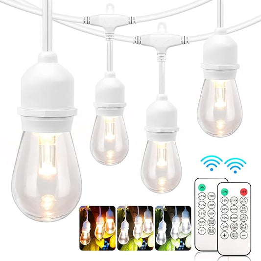 Mlambert 3 Color Outdoor LED Dimmable String Lights for Patio with Remote, Plug in 48FT Waterproof Shatterproof LED Bulb Light for Cafe-White Cord Mlambert