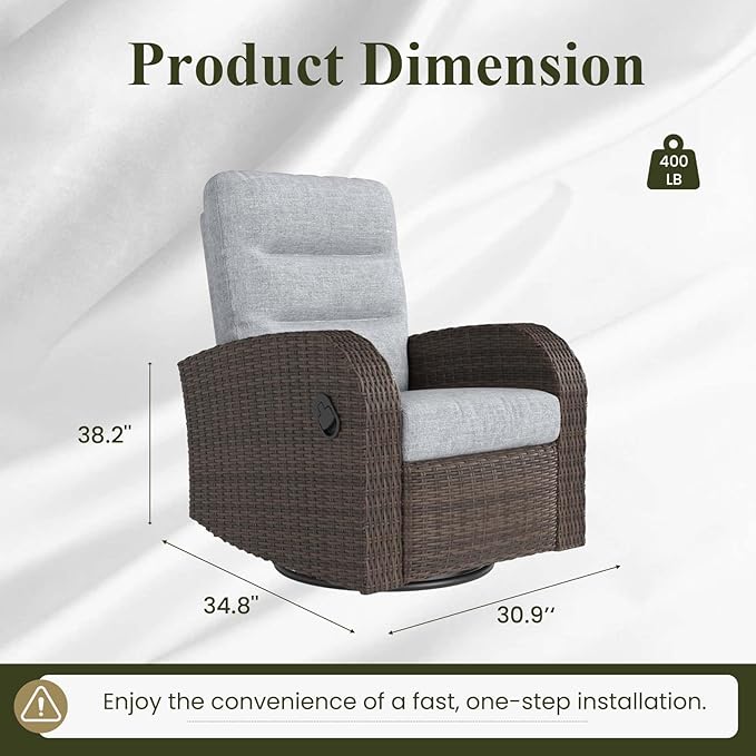 LayinSun Oversized Wicker Outdoor Swivel Glider Recliner with Adjustable Backrest & Footrest, Patio Reclining Lounge Chair LayinSun